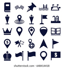 Location icons set. set of 25 location filled icons such as flag, map location, pool, navigation arrow, pin on globe, photo album, swimming pool, finish flag, pin, crown