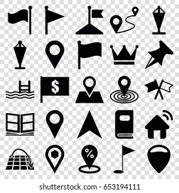 Location icons set. set of 25 location filled icons such as flag, pool, navigation arrow, distance, photo album, gold flag, house signal, pin, move on map, crown