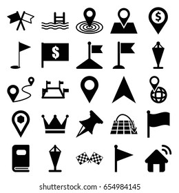 Location icons set. set of 25 location filled icons such as flag, map location, pool, navigation arrow, pin on globe, distance, photo album, finish flag, house signal, pin