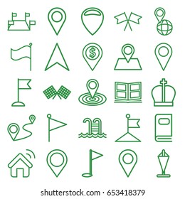 Location icons set. set of 25 location outline icons such as flag, map location, navigation arrow, pin on globe, distance, photo album, swimming pool, house signal