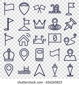 Location icons set. set of 25 location outline icons such as flag, map location, pool, navigation arrow, distance, photo album, swimming pool, house signal, gold flag