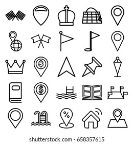 Location icons set. set of 25 location outline icons such as flag, pool, navigation arrow, pin on globe, location pin, photo album, swimming pool, house signal, finish flag