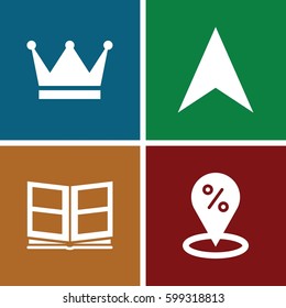 location icons set. Set of 4 location filled icons such as navigation arrow, photo album, crown