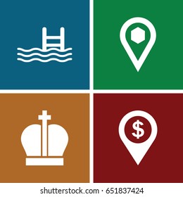 Location icons set. set of 4 location filled icons such as pool