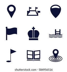 location icons set. Set of 9 location filled icons such as map location, pool, photo album, gold flag, flag