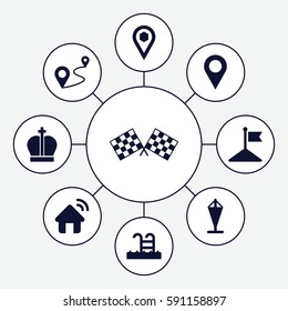 location icons set. Set of 9 location filled icons such as flag, distance, location, swimming pool, finish flag, house signal