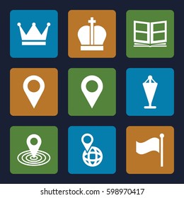 location icons set. Set of 9 location filled icons such as flag, pin on globe, photo album