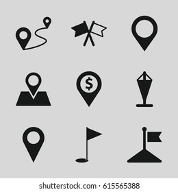 Location icons set. set of 9 location filled icons such as flag, distance