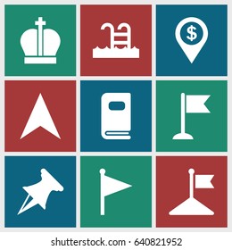 Location icons set. set of 9 location filled icons such as flag, navigation arrow, photo album, swimming pool, pin, crown