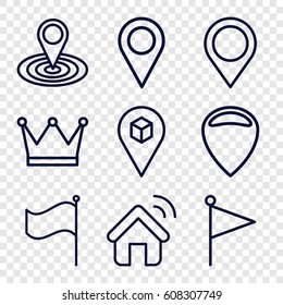 Location icons set. set of 9 location outline icons such as flag, house signal