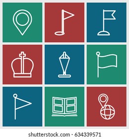 Location icons set. set of 9 location outline icons such as flag, pin on globe, photo album, map location, gold flag