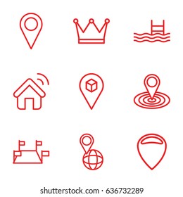 Location icons set. set of 9 location outline icons such as map location, pool, pin on globe, house signal