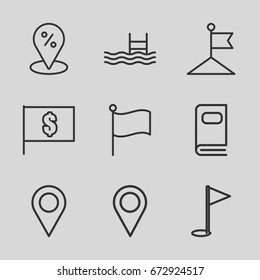 Location icons set. set of 9 location outline icons such as flag, pool, photo album, gold flag