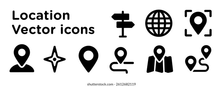location icons set of black vector icons representing location and navigation, including map markers, GPS pins, global map, route paths, direction signs, and map symbols