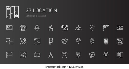 location icons set. Collection of location with cards, route, flags, compass, map, flag, placeholder, contact, marker, pin, position, gps. Editable and scalable location icons.