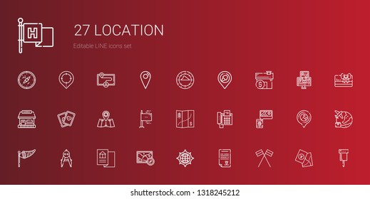 location icons set. Collection of location with flags, wedding contract, compass, map, wind sign, fax, cards, tickets office, mortgage, place. Editable and scalable location icons.