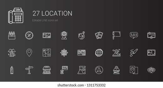 location icons set. Collection of location with placeholder, navigator, fuel, map, tickets office, directions, marker, worldwide, street map. Editable and scalable location icons.