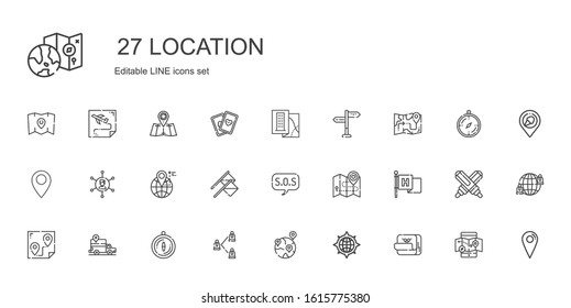 location icons set. Collection of location with post it, compass, geolocalization, network, gps, route, flag, map, sos, flags, networking. Editable and scalable location icons.