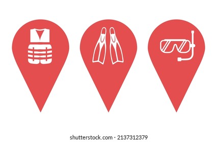 Location icons set depicting flippers, life jacket, scuba mask. Location pins on the map pointing to the sea, diving facilities, entertainment center. Design elements for mobile app, game, banner