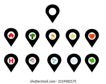 Location icons set, different location icons on white background: Hospital, home or house, park, beach or coast, rainy or sunny day, snowy weather, love, library.