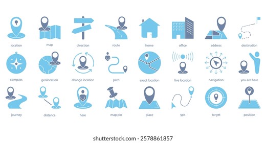 Location icons set. Set of editable stroke icons.Set of Location
