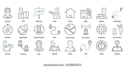 Location icons set. Set of editable stroke icons.Set of Location
