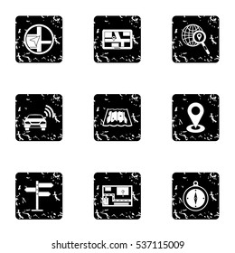 Location icons set. Grunge illustration of 9 location vector icons for web