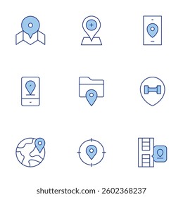 Location icons set. Line Duotone style, editable stroke. map, earth, location, folder, location pin.