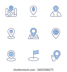 Location icons set. Line Duotone style, editable stroke. location pin, placeholder, information, location, route, place.