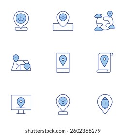 Location icons set. Line Duotone style, editable stroke. location pin, map, location.