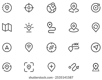 Standortsymbole festgelegt. Karten und Standort-Symbolsatz. Ortskarte des Zeichens. Standortsymbole. Symbole für die Zuordnung. Vektorgrafik. Vektorgrafik. 
