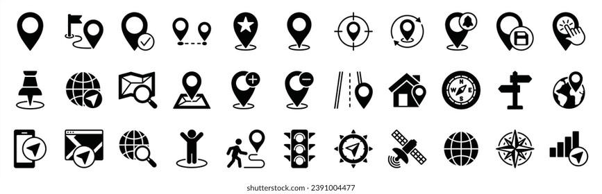 Location icons set. Navigation icons. Map pin place marker icon symbol. Direction, compass, GPS, place, distance, route, traffic, road and other. Vector illustration