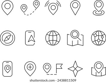 Standortsymbole gesetzt. Navigation, Kartenzeiger, Standortsymbole. Vektorgrafik