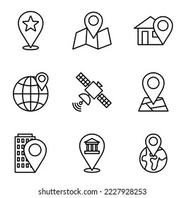 Juego de iconos de ubicación. Navegación. Ruta. Puntero de mapa. Símbolos de ubicación.  Ilustración vectorial.