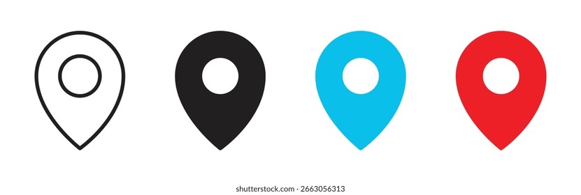 Conjunto de iconos de Locación. Punto, marcador, marca, pin, puntero, gps, icono de navegación. Ilustración vectorial. Trazo editable. Diseño plano.
