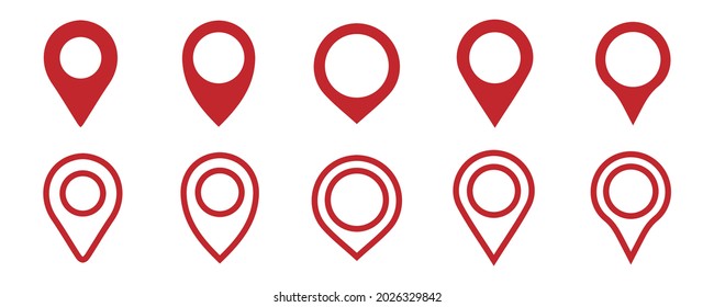 Location icons set red. Modern map markers. Vector illustration isolated on white background.