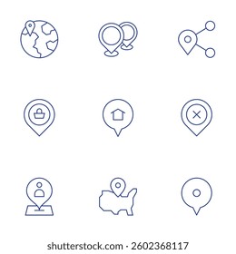 Location icons set. Thin Line style, editable stroke. locations, home, united states of america, share location, placeholder, map marker, location.