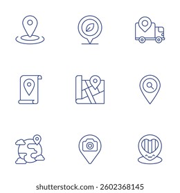 Location icons set. Thin Line style, editable stroke. location, map location, place, delivery, placeholder.