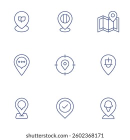 Location icons set. Thin Line style, editable stroke. location pin, placeholder, map, check.