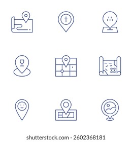 Location icons set. Thin Line style, editable stroke. location pin, map, location.