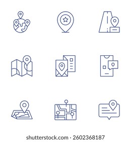 Location icons set. Thin Line style, editable stroke. location pin, map, location, travel guide, send, speech bubble.