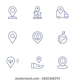 Location icons set. Thin Line style, editable stroke. location pin, location, share location, delivery, visiting, information, search.