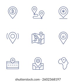 Location icons set. Thin Line style, editable stroke. location pin, location, route, map.