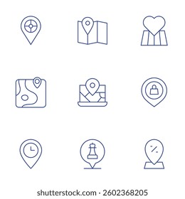 Location icons set. Thin Line style, editable stroke. locate, map, arrival time, location, location pin.
