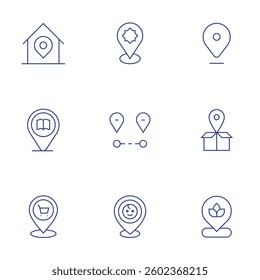 Location icons set. Thin Line style, editable stroke. architecture and city, library, shop, location, box.