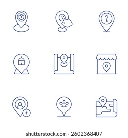 Location icons set. Thin Line style, editable stroke., map, location pin, unknown, map, add location.