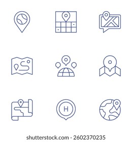 Location icons set. Thin Line style, editable stroke. share location, map, earth, location pin, location, distance, map pointer.