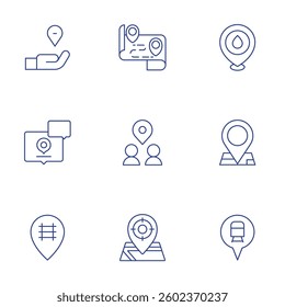 Location icons set. Thin Line style, editable stroke. share location, location, journey, meeting point, target.