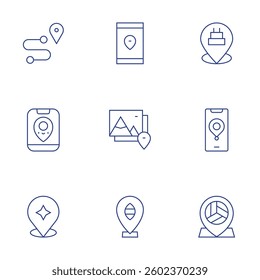 Location icons set. Thin Line style, editable stroke. route, location, pin.