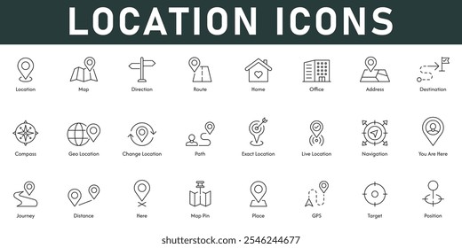 Localização ícones ilustração vetorial com linha fina editável traço contendo mapa direção endereço rota destino bússola caminho navegação posição GPS distância mapa pin jornada